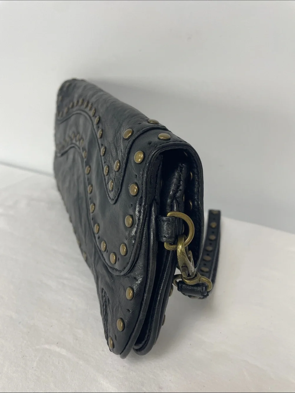 Kooba Black Leather Studded Wristlet Clutch with Brass Accents